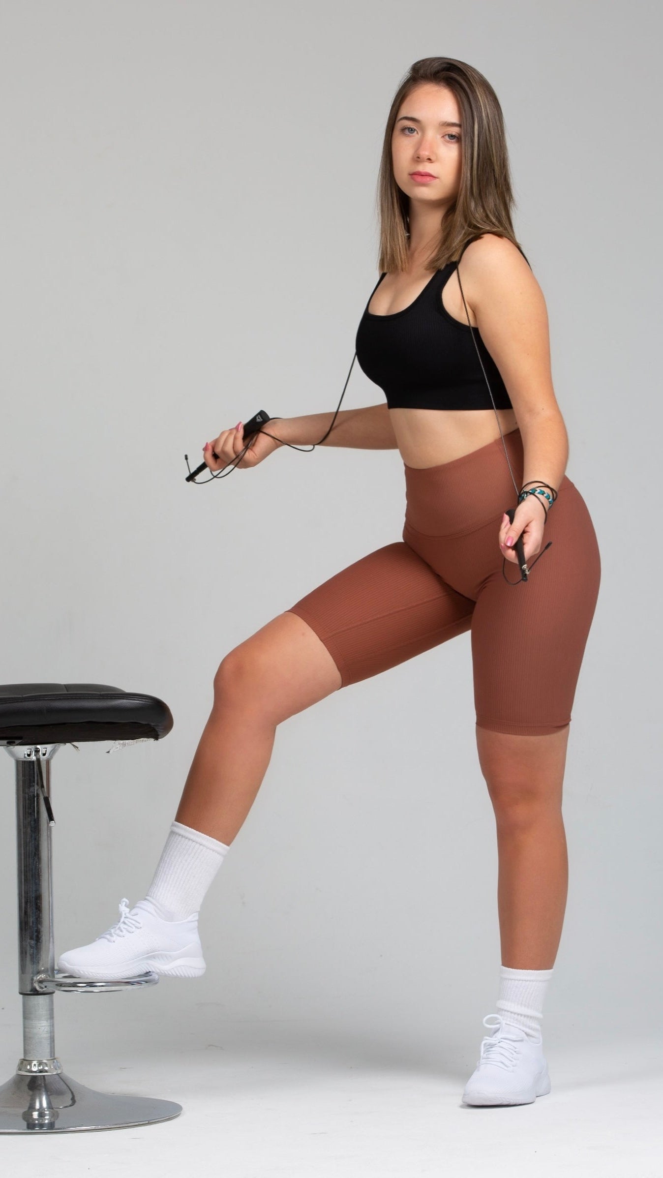 Luxe Ribbed Biker Shorts - CARAMEL BROWN