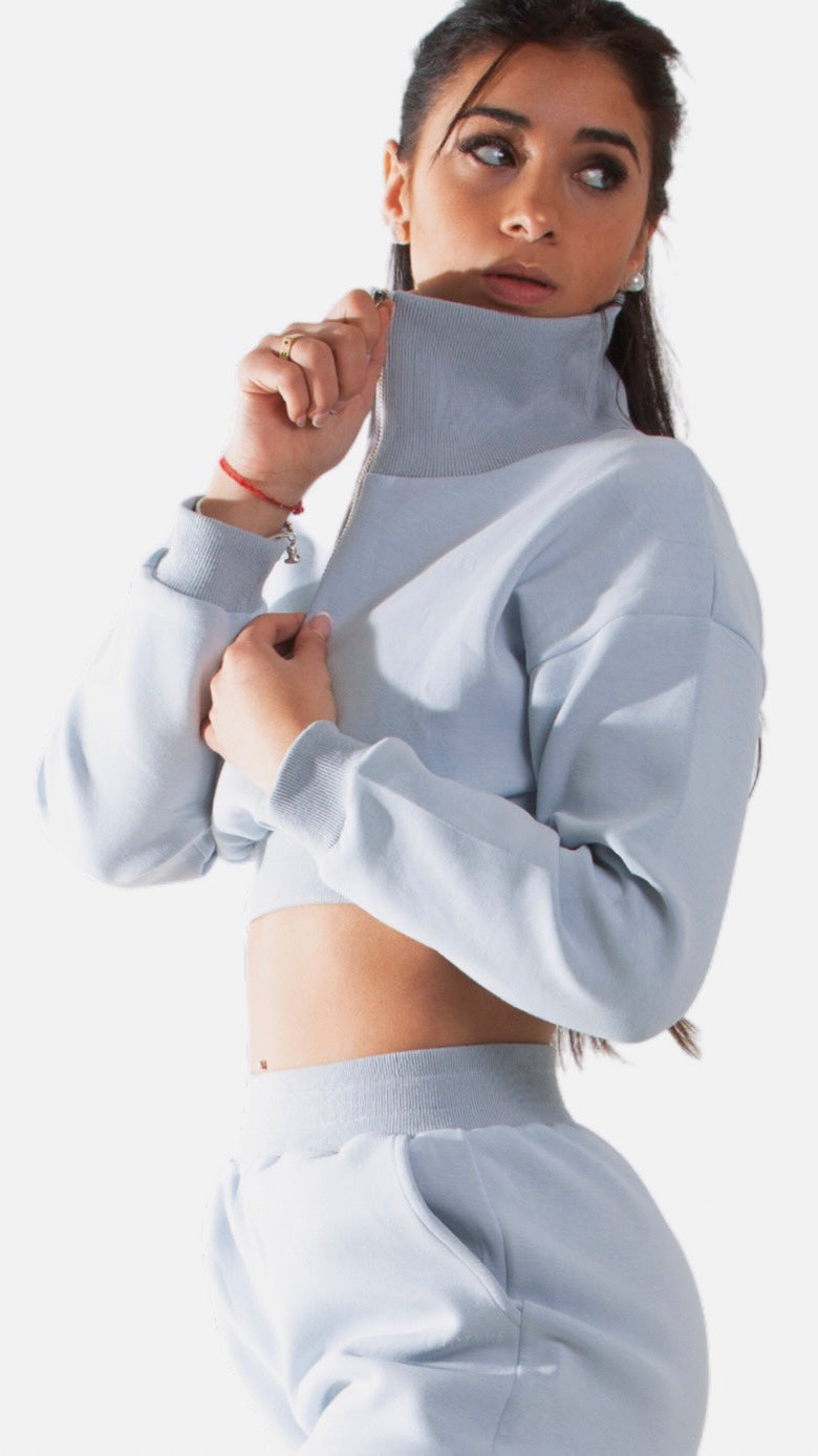 Signature Half-Zip Crop Hoodies-SKY BLUE