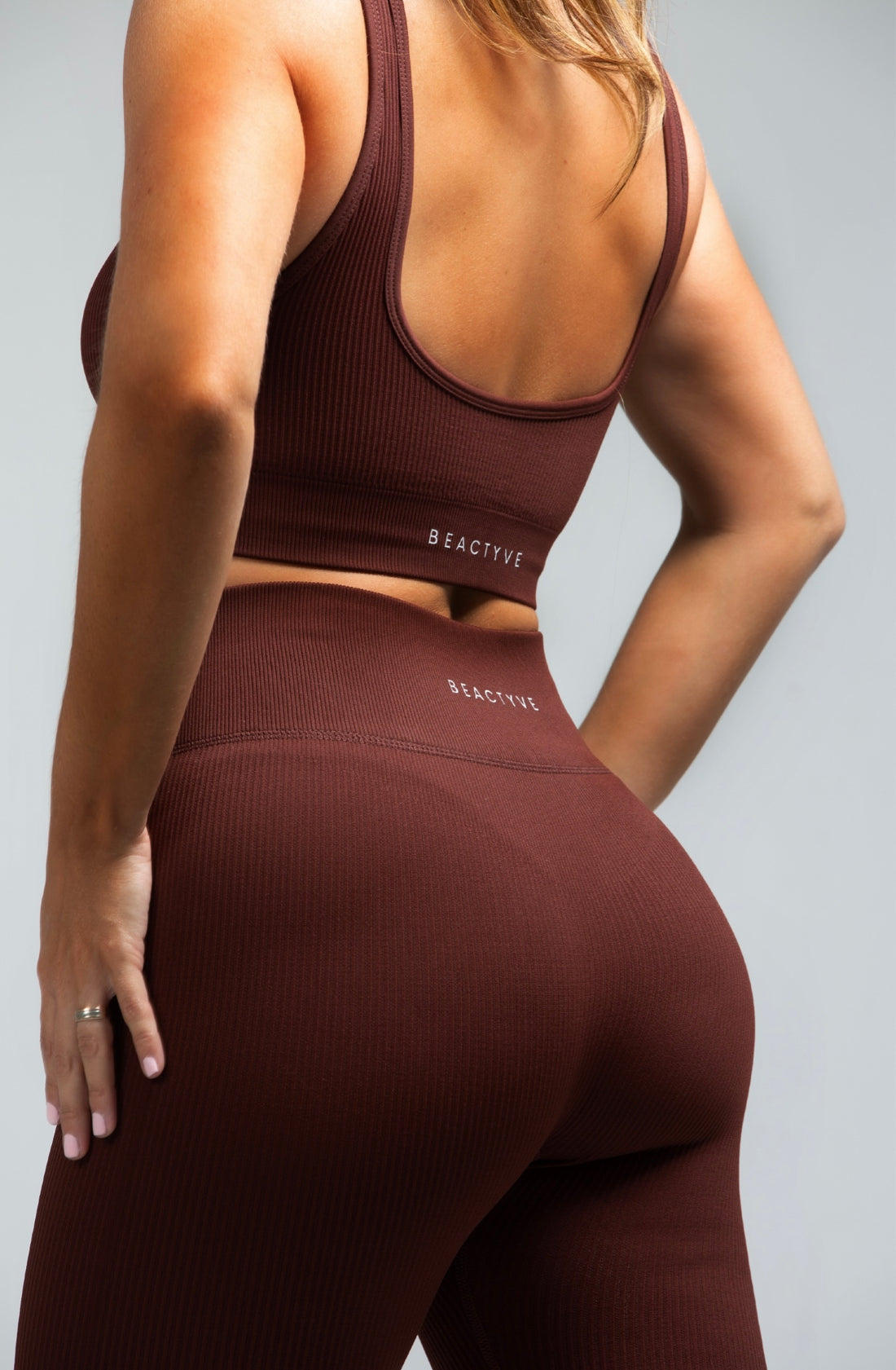 PrimeWolf - The Ribbed Leggings + Scoop Neck Sports Bra // The perfect  collection for in and out of the gym. Featured colours; Creamy White & Chocolate  Brown. #ribbed #leggings